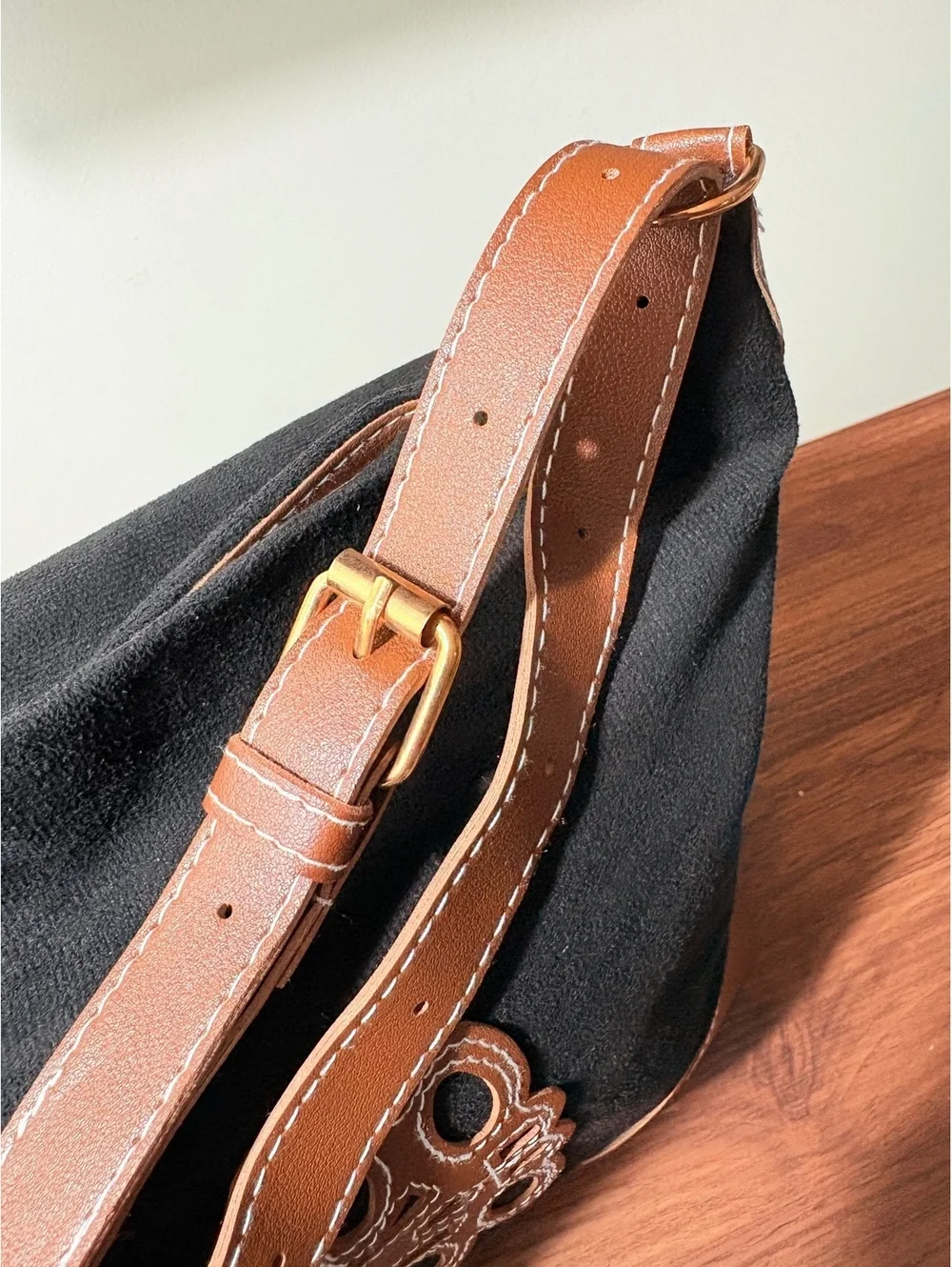 Black Suede and Brown Vegan Leather Shoulder Bag with Adjustable Strap